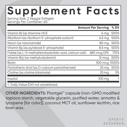 Sports Research® Vitamin B-Complex, 60 Count Plantgels™ | Full Spectrum of B Vitamins with Methylated B12 & Folate - Gluten Free · Plant-Based · Non-GMO · Vegan-Friendly Formula