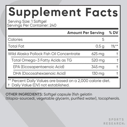 Sports Research® Omega-3 Fish Oil Minis from Wild Alaska Pollock, 120 Count | Easy to Swallow Mini-Softgel, Always Fresh Never Fishy, 345mg EPA 130mg DHA per Softgel, MSC Certified Sustainable, Non-GMO