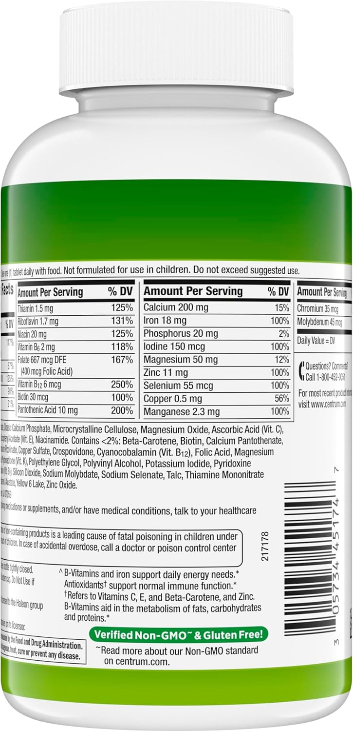 Centrum Adult Multivitamin/Multimineral Supplement with Antioxidants, Zinc, Vitamin D3 and B Vitamins, Gluten Free, Non-GMO Ingredients - 200 Count