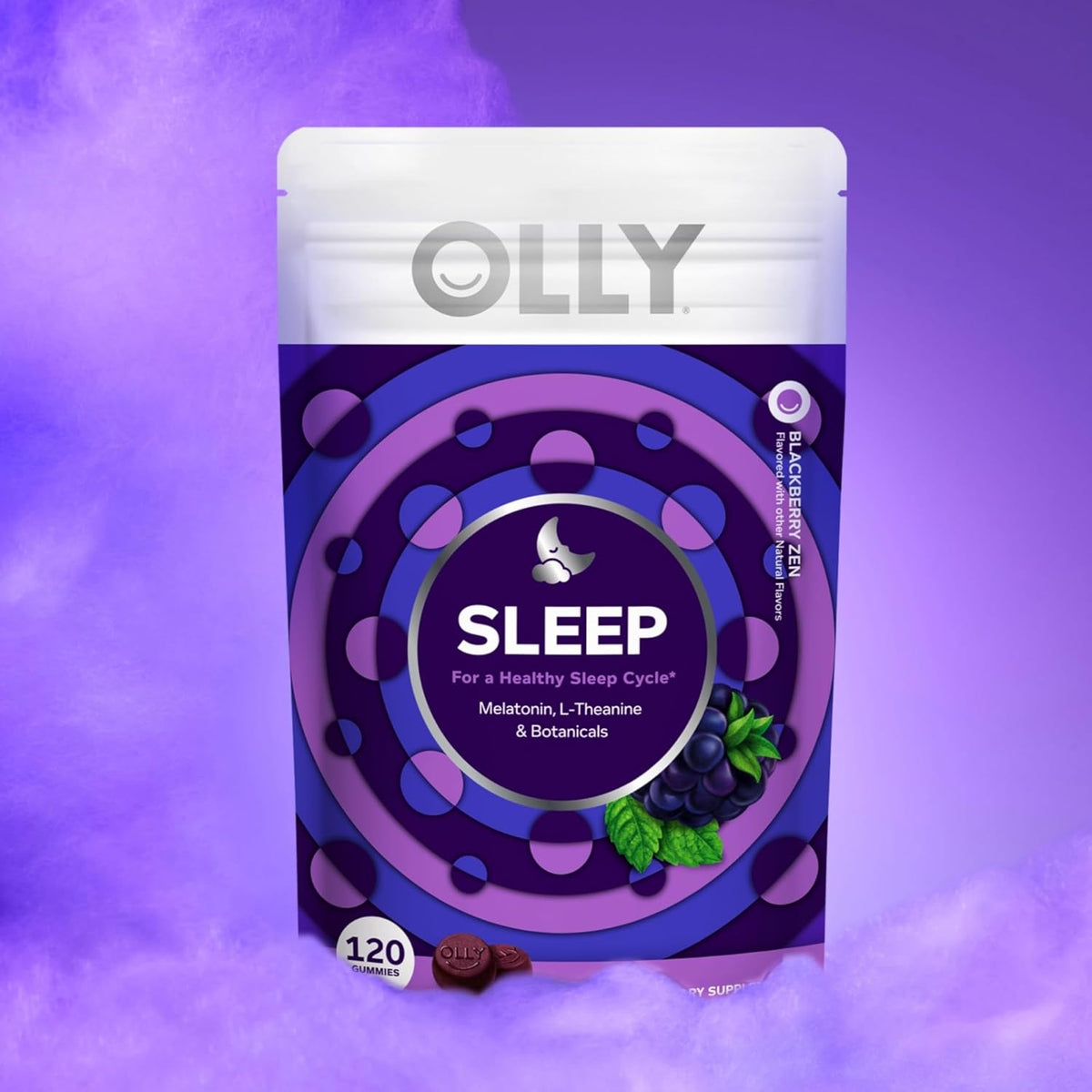OLLY Sleep Gummies for Adults, 3 mg Melatonin Gummies with L-Theanine, Sleep Support for Restful Sleep*, Non-Habit Forming Sleep Support*, Blackberry Zen, Gluten Free, 60 Count
