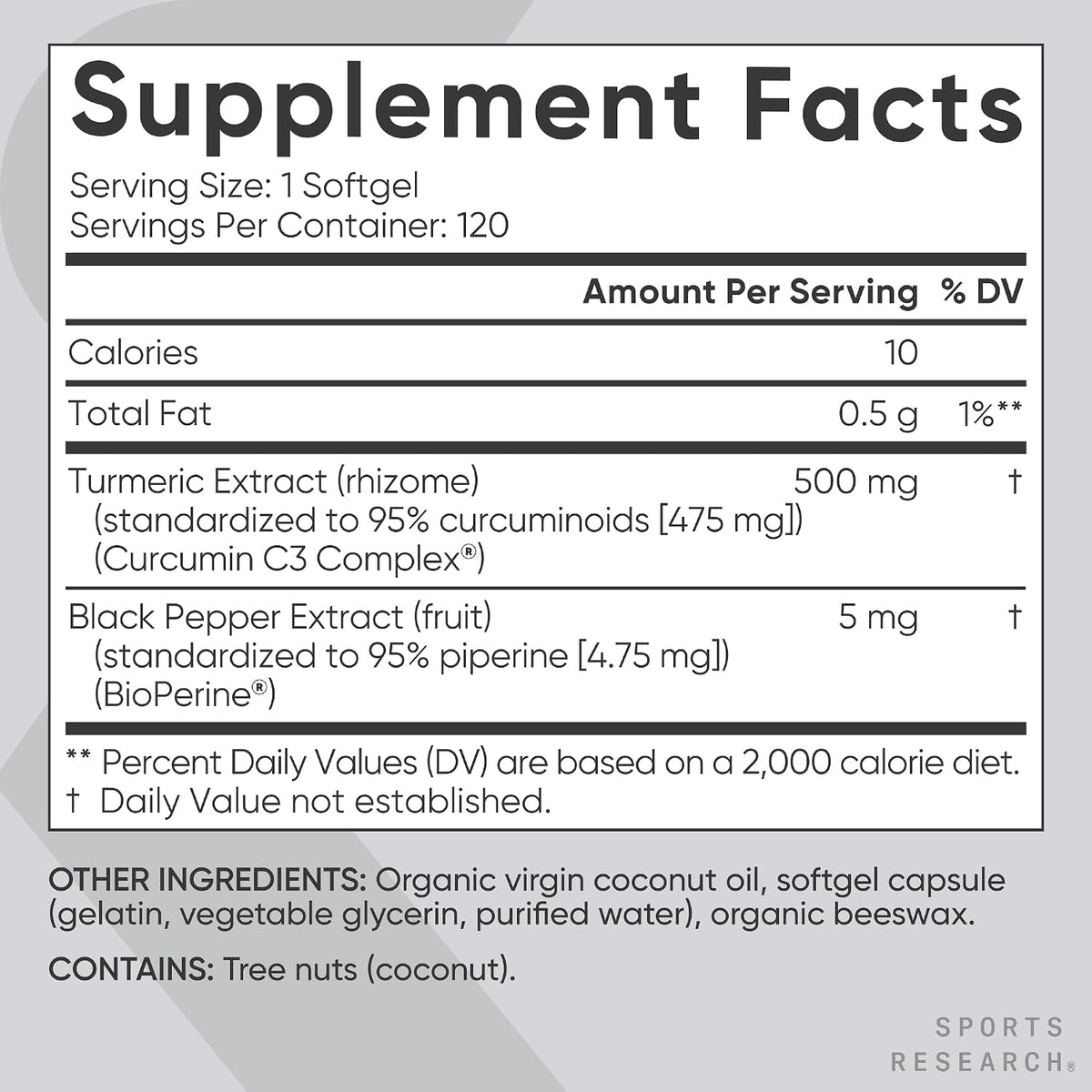 Sports Research® Turmeric Curcumin w/Coconut Oil & BioPerine® - 60 Count | Made with Curcumin C3 Complex® 500mg | Standardized to 95% Active Curcuminoids | Non-GMO, Gluten-Free - 60 Softgels