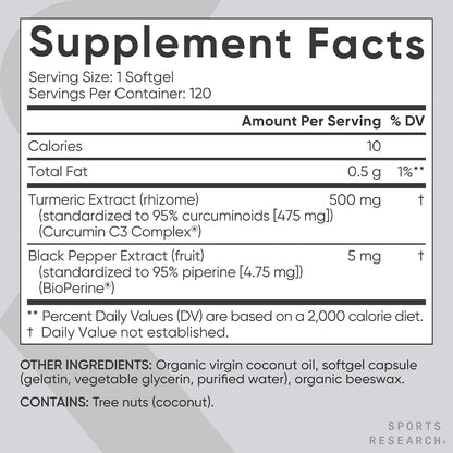 Sports Research® Turmeric Curcumin w/Coconut Oil & BioPerine® - 60 Count | Made with Curcumin C3 Complex® 500mg | Standardized to 95% Active Curcuminoids | Non-GMO, Gluten-Free - 60 Softgels