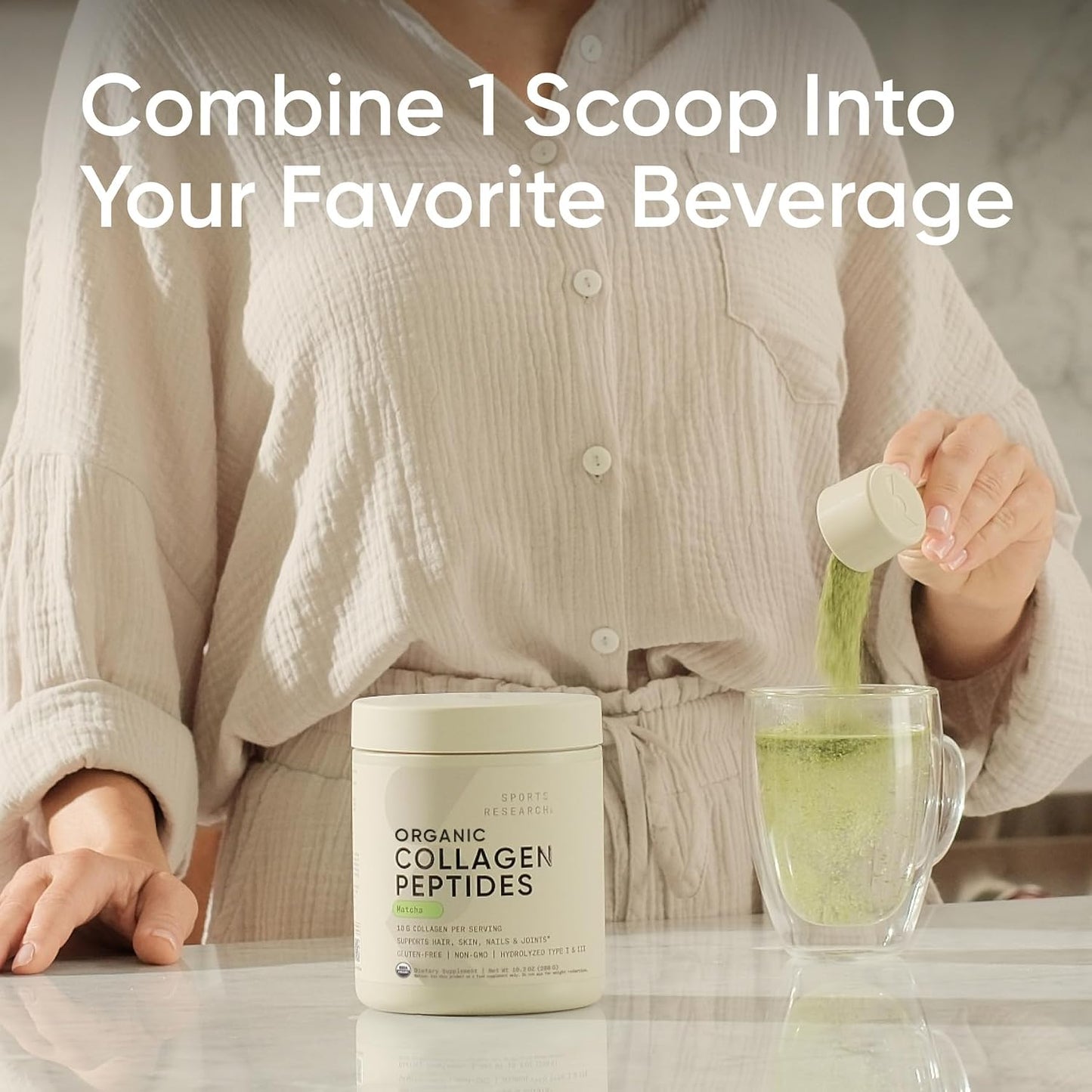 Sports Research® Organic Collagen Peptides w/Matcha Green Tea - 10.2oz | 10g Grass-Fed Collagen & 2g of Ceremonial-grade Japanese Matcha | Hair, Skin & Joint Support | Sugar-Free, Easy to Mix
