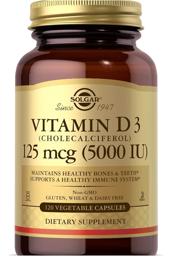 Solgar Vitamin D3 (Cholecalciferol) 125 Mcg (5000 IU), 120 Vegetable Capsules - Helps Maintain Healthy Bones & Teeth - Immune System Support - Non-GMO, Gluten Free, Dairy Free, Kosher - 120 Servings