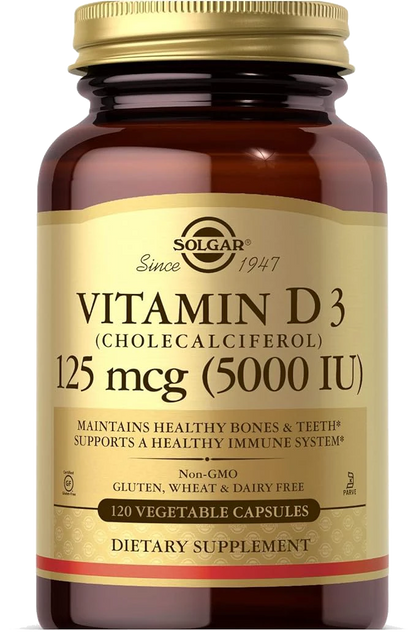 Solgar Vitamin D3 (Cholecalciferol) 125 Mcg (5000 IU), 120 Vegetable Capsules - Helps Maintain Healthy Bones & Teeth - Immune System Support - Non-GMO, Gluten Free, Dairy Free, Kosher - 120 Servings