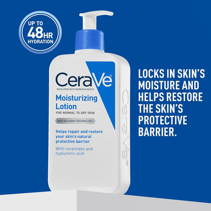 CeraVe Daily Moisturizing Lotion for Dry Skin, Body Lotion & Face Moisturizer with Hyaluronic Acid and Ceramides, Daily Moisturizer, Fragrance Free, Oil-Free, 12/19 Ounce