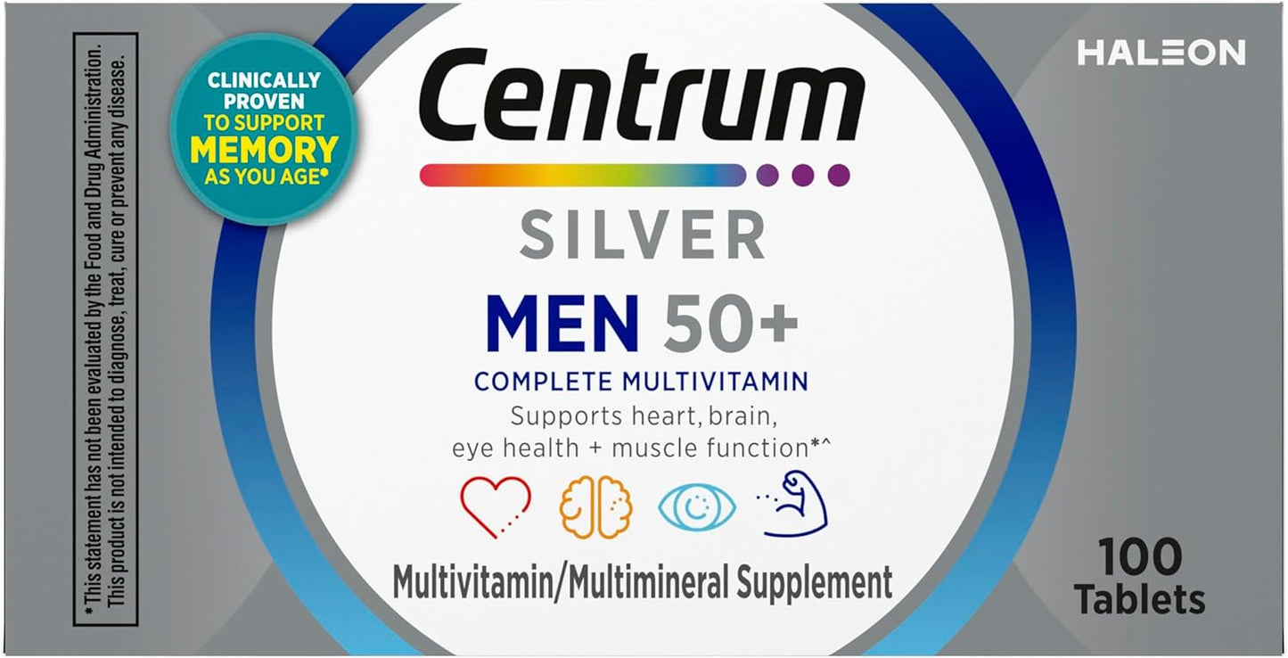 Centrum Silver Multivitamin for Men 50 Plus, Multimineral Supplement, Vitamin D3, B-Vitamins and Zinc, Gluten Free, Non-GMO Ingredients, Supports Memory and Cognition in Older Adults - 100 Ct