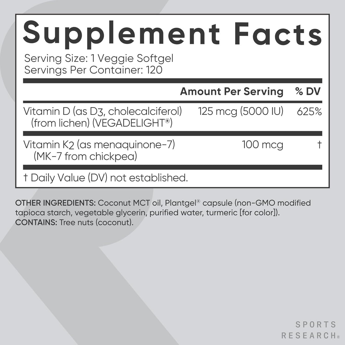 Sports Research® Vegan Vitamin D3 + K2 w/Coconut Oil, 30 Count Plantgels™ | Plant-Based Vitamin D 5000iu/125mcg & Soy-Free Vitamin K 100mcg for Bone & Immune Support - Vegan Certified · Non-GMO