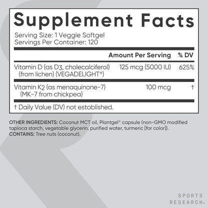 Sports Research® Vegan Vitamin D3 + K2 w/Coconut Oil, 30 Count Plantgels™ | Plant-Based Vitamin D 5000iu/125mcg & Soy-Free Vitamin K 100mcg for Bone & Immune Support - Vegan Certified · Non-GMO