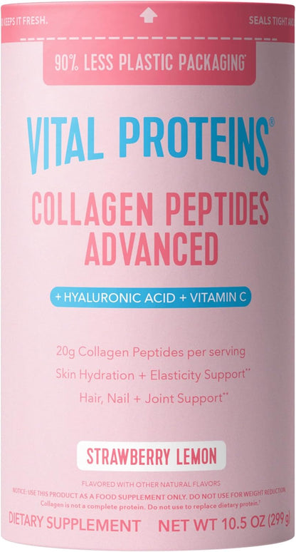Vital Proteins Collagen Peptides Advanced, Hydrolyzed Peptides with Hyaluronic Acid and Vitamin C - Strawberry Lemon Flavor Powder, 10.5oz