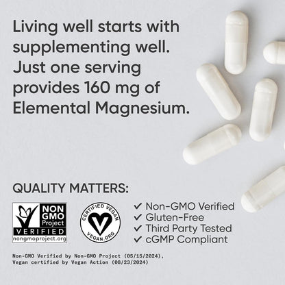 Sports Research® Magnesium Glycinate 160mg, 90 Veggie Capules | 1441mg Cheletated Magnesium per Serving | Gentle on the Stomach | Non-GMO, Soy Free, Essential Mineral