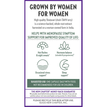New Chapter Shatavari Supplement for Peri-Menopause & Post-Menopause Support – 4x Concentrated Herb Shatavari Relieves Hot Flashes & Night Sweats, Balances Women’s Hormones - Herbal Sleep Aid*, 30 ct