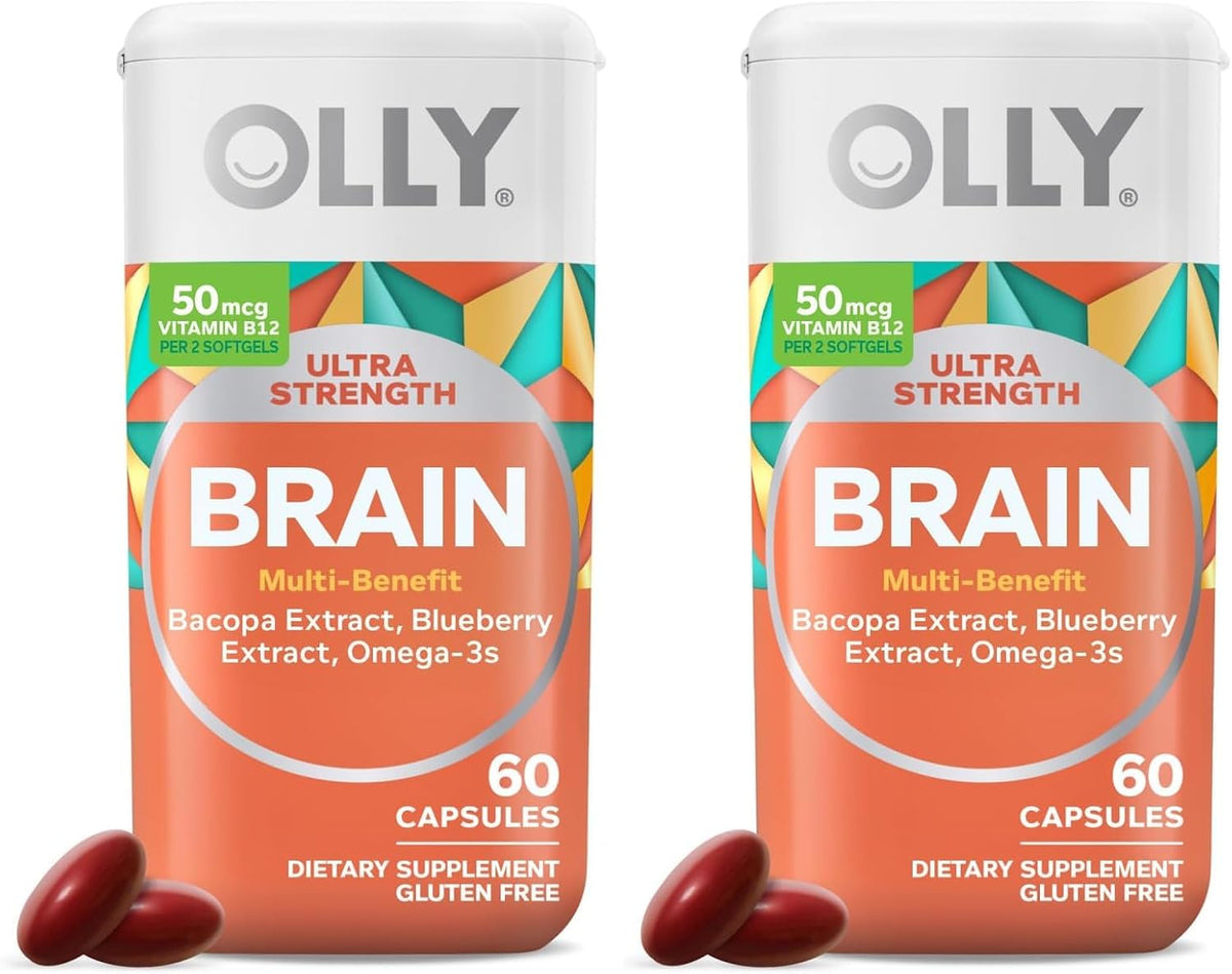 OLLY Ultra Strength Brain Softgels, Nootropic, Supports Healthy Brain Function, Memory, Focus and Concentration, Omega-3s, Vitamins B6 and B12, 30 Day Supply - 60 Count