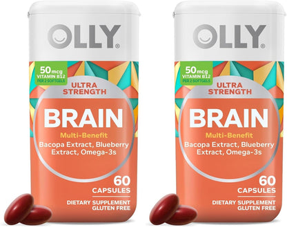 OLLY Ultra Strength Brain Softgels, Nootropic, Supports Healthy Brain Function, Memory, Focus and Concentration, Omega-3s, Vitamins B6 and B12, 30 Day Supply - 60 Count