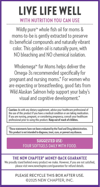 New Chapter Wholemega for Moms Fish Oil Supplement, Tiny Capsules, 2000mg per Serving, Prenatal DHA with Omega-3 + Vitamin D3 for Prenatal & Postnatal Support, 500mg Each - 90 Count