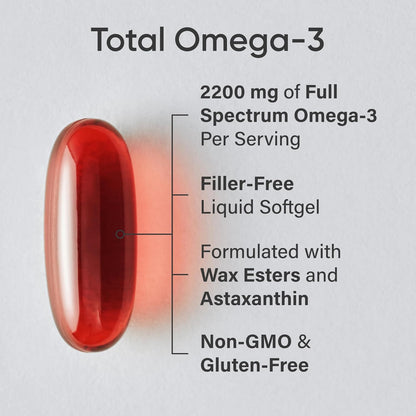 Sports Research® Total Omega-3 Fish Oil 2200mg w/Astaxanthin, 120 Count | Made from Antarctic Krill w/Astaxanthin, Wild Sockeye Salmon & Alaska Pollock - 960mg of EPA & DHA - 60 Servings