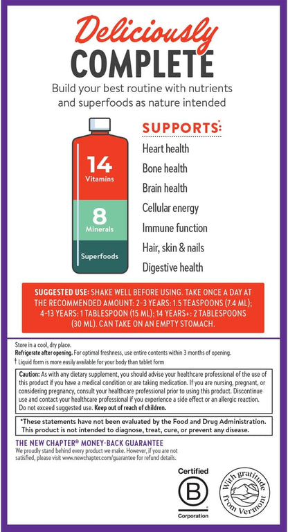 New Chapter Liquid Multivitamin + Mineral Supplement - Whole-Body Support for Adults, Teens & Kids 2+* - 22 Essential Vitamins & Minerals - Ready to Absorb Faster - Orange Mango Flavored - 30 oz