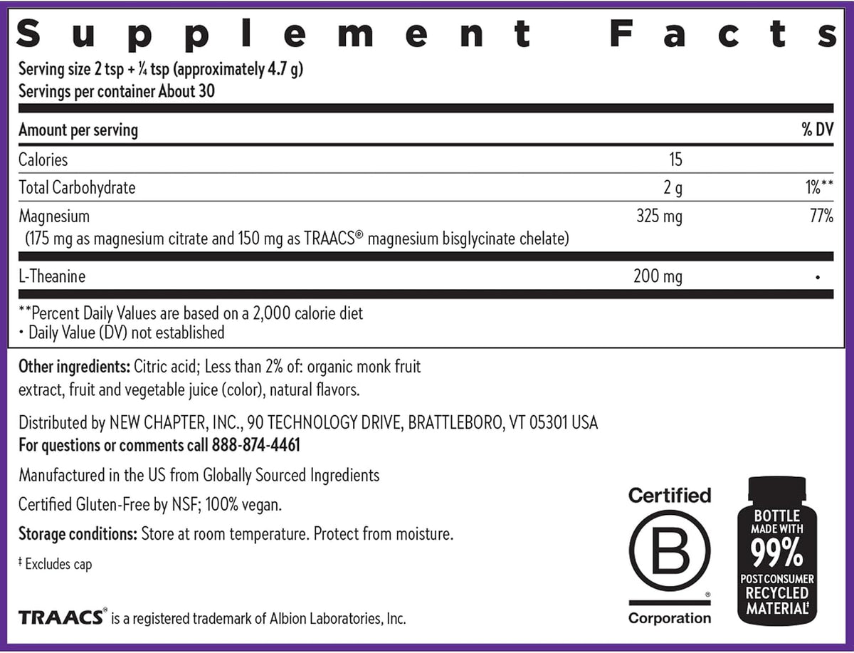 New Chapter Magnesium Glycinate + L-Theanine Supplement Powder, with 325 mg Magnesium & L-Theanine 200 mg for Calm, Focus, Mental Clarity, Muscle Relaxation & Cortisol Balance*, 30 Servings