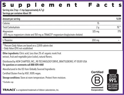 New Chapter Magnesium Glycinate + L-Theanine Supplement Powder, with 325 mg Magnesium & L-Theanine 200 mg for Calm, Focus, Mental Clarity, Muscle Relaxation & Cortisol Balance*, 30 Servings