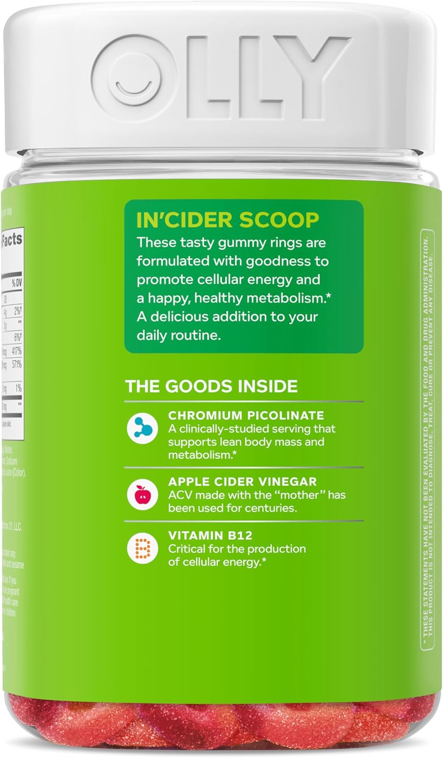 OLLY Metabolism Gummy Rings, Apple Cider Vinegar, Vitamin B12, Chromium, Energy and Digestive Health, Chewable Supplement, Apple Flavor - 30 Count