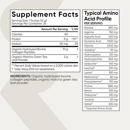 Sports Research® Organic Collagen Peptides w/Matcha Green Tea - 10.2oz | 10g Grass-Fed Collagen & 2g of Ceremonial-grade Japanese Matcha | Hair, Skin & Joint Support | Sugar-Free, Easy to Mix