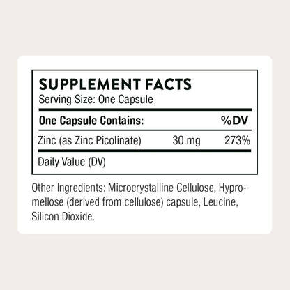 THORNE - Zinc Picolinate 30 mg - Well-Absorbed Zinc Supplement for Growth and Immune Function - Promotes Healthy Skin & Eyes* - Third-Party Certified - Gluten, Dairy & Soy-Free - 60 Capsules