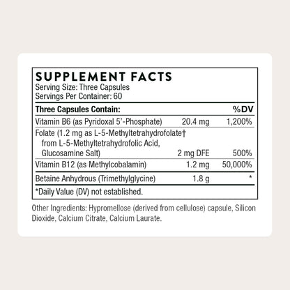 THORNE - Methyl-Guard - Supports Methylation for Healthy Heart, Blood Vessels, Brain & Bones* - Vitamins B6 & B12, Folate (5-MTHF) & Betaine - Gluten, Dairy & Soy-Free - 180 Capsules