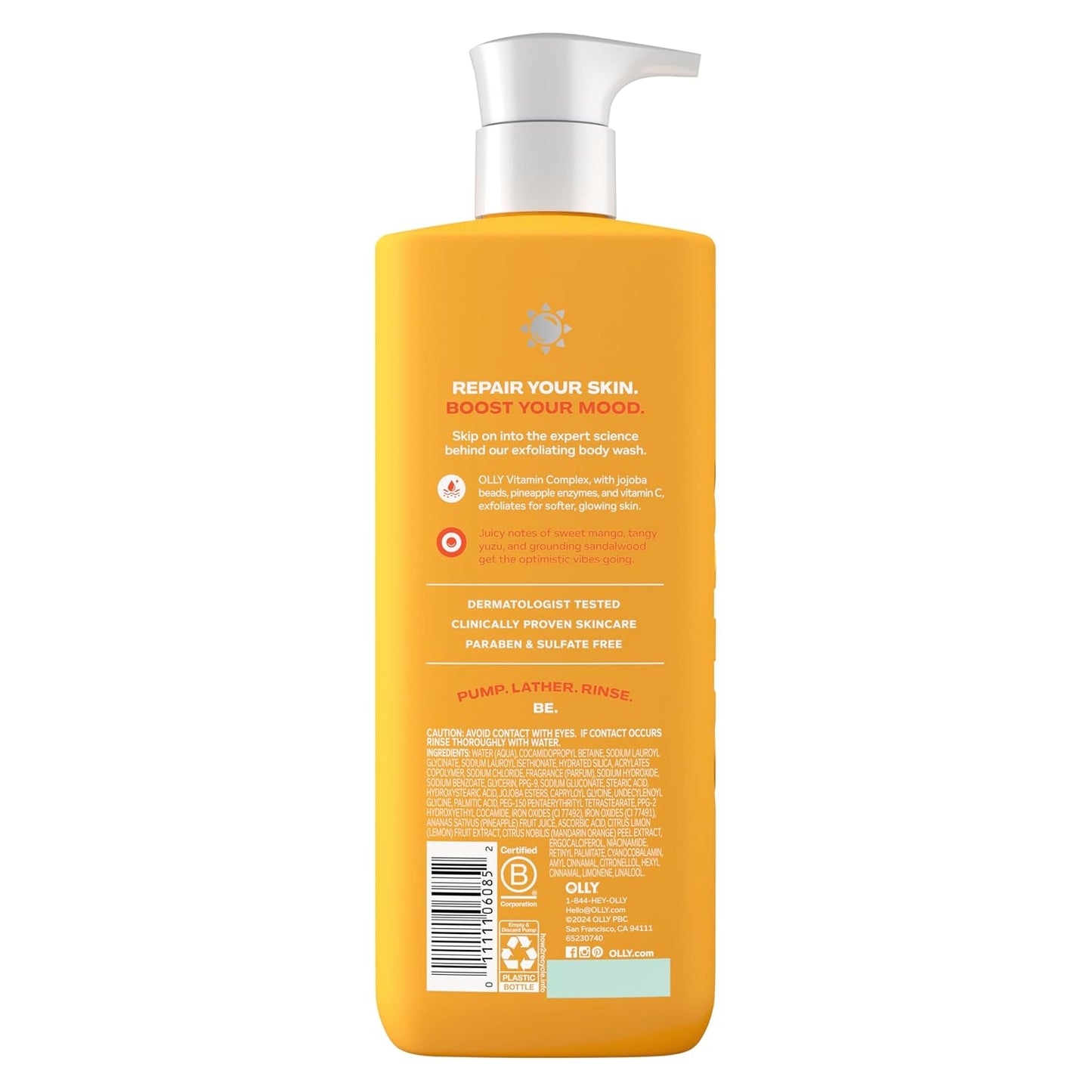 OLLY Exfoliating Body Wash Happy Mood + Skin jojoba beads, pineapple enzymes & vitamin C to exfoliate and reveal softer, glowing skin 17 Fl Oz