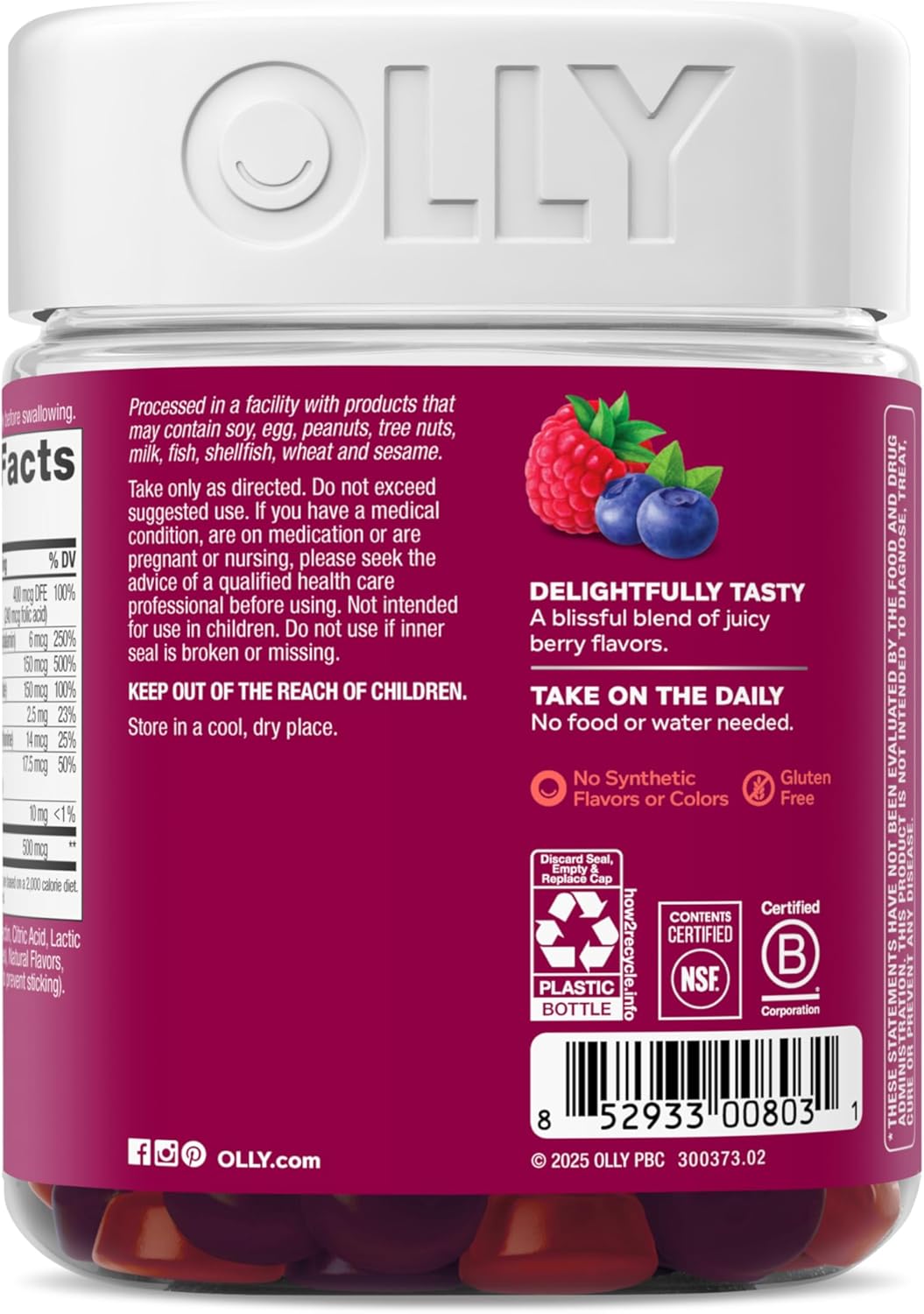 OLLY Women's Daily Multivitamin Gummy, Vitamins A, D, C, E, Biotin, Folic Acid, Adult Chewable Vitamin, Berry Flavor