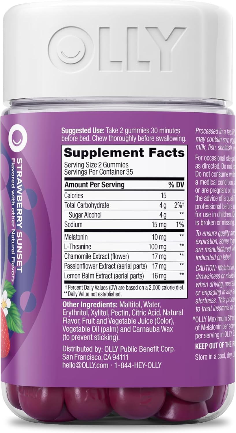 OLLY Max Strength Sleep Gummy, 10mg Melatonin, L-Theanine, Chamomile, Lemon Balm, Sugar Free, Vegetarian Sleep Aid, Strawberry - 50 Count