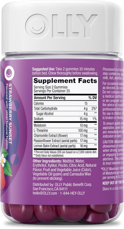 OLLY Max Strength Sleep Gummy, 10mg Melatonin, L-Theanine, Chamomile, Lemon Balm, Sugar Free, Vegetarian Sleep Aid, Strawberry - 50 Count