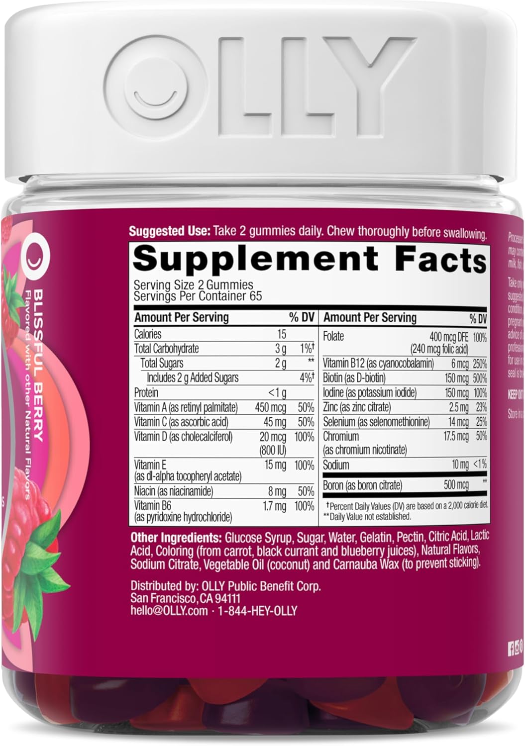 OLLY Women's Daily Multivitamin Gummy, Vitamins A, D, C, E, Biotin, Folic Acid, Adult Chewable Vitamin, Berry Flavor