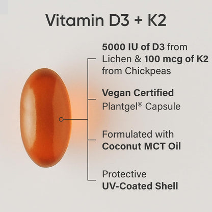 Sports Research® Vegan Vitamin D3 + K2 w/Coconut Oil, 30 Count Plantgels™ | Plant-Based Vitamin D 5000iu/125mcg & Soy-Free Vitamin K 100mcg for Bone & Immune Support - Vegan Certified · Non-GMO