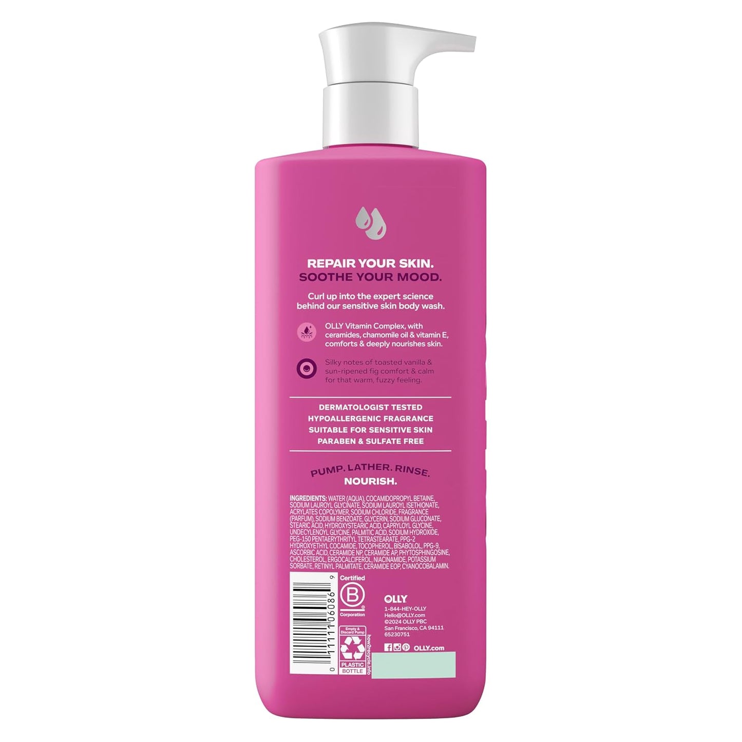 OLLY Body Wash Comfy Mood + Skin with ceramides, chamomile oil & vitamin E to Hydrate & Nourish Skin, Cozy Vanilla & Fig Scent 17 Fl Oz