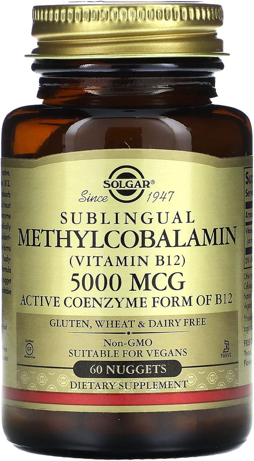 Solgar Methylcobalamin (Vitamin B12) 5000 mcg, 60 Nuggets - Cherry Flavor - Supports Energy Metabolism - Body-Ready, Active Form - Non-GMO, Vegan, Gluten Free - 60 Servings