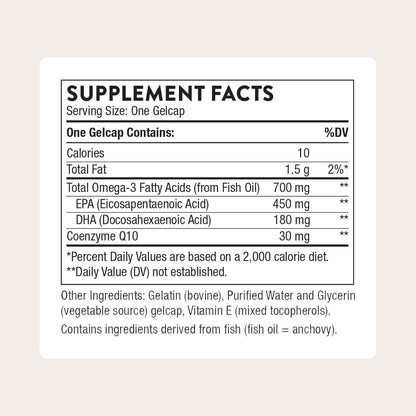 THORNE - Omega-3 with CoQ10 - Fish Oil Supplement with EPA & DHA from Sustainably Sourced Fish - Supports Brain, Skin, Joint & Heart Health* - Third-Party Certified - Gluten & Dairy-Free - 90 Softgels