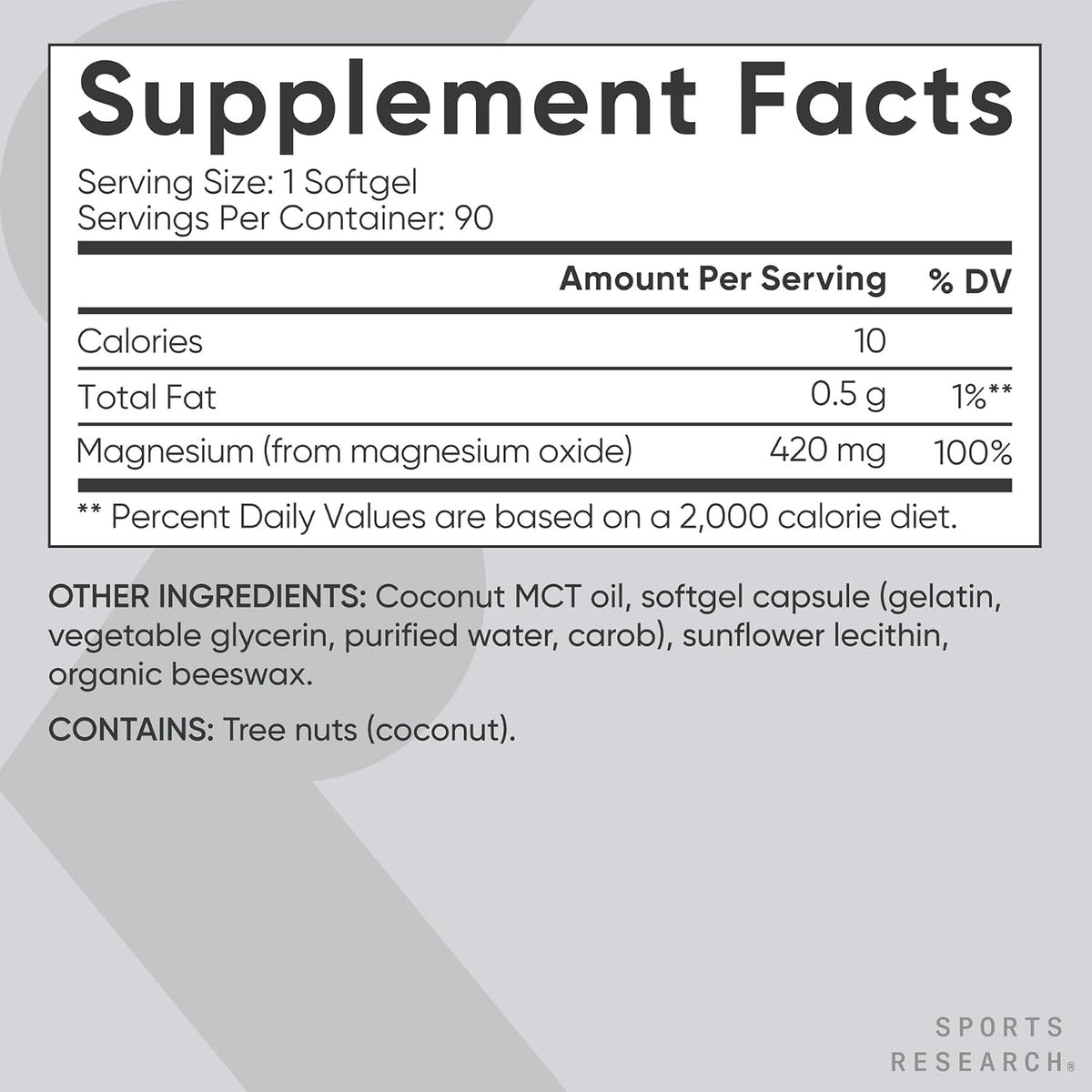 Sports Research® Magnesium Oxide 420mg w/Coconut MCT Oil, 90 Softgels | Biolipid Magnesium Supplement for Muscle, Nerve, & Bone Support* - Gluten-Free, Non-GMO - 90 Softgels