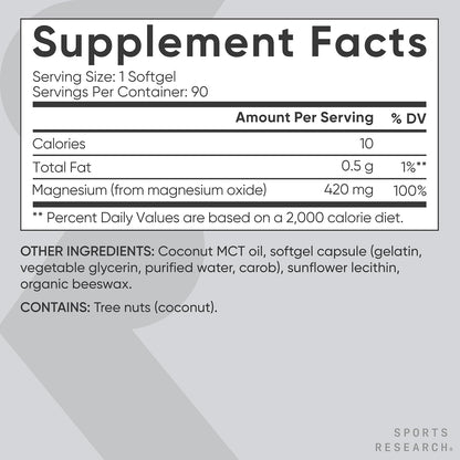 Sports Research® Magnesium Oxide 420mg w/Coconut MCT Oil, 90 Softgels | Biolipid Magnesium Supplement for Muscle, Nerve, & Bone Support* - Gluten-Free, Non-GMO - 90 Softgels