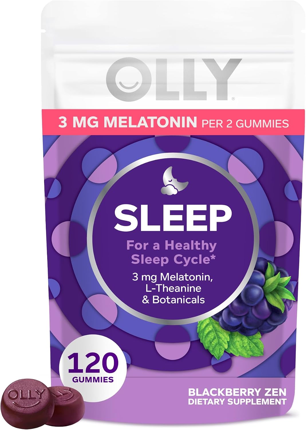 OLLY Sleep Gummies for Adults, 3 mg Melatonin Gummies with L-Theanine, Sleep Support for Restful Sleep*, Non-Habit Forming Sleep Support*, Blackberry Zen, Gluten Free, 60 Count