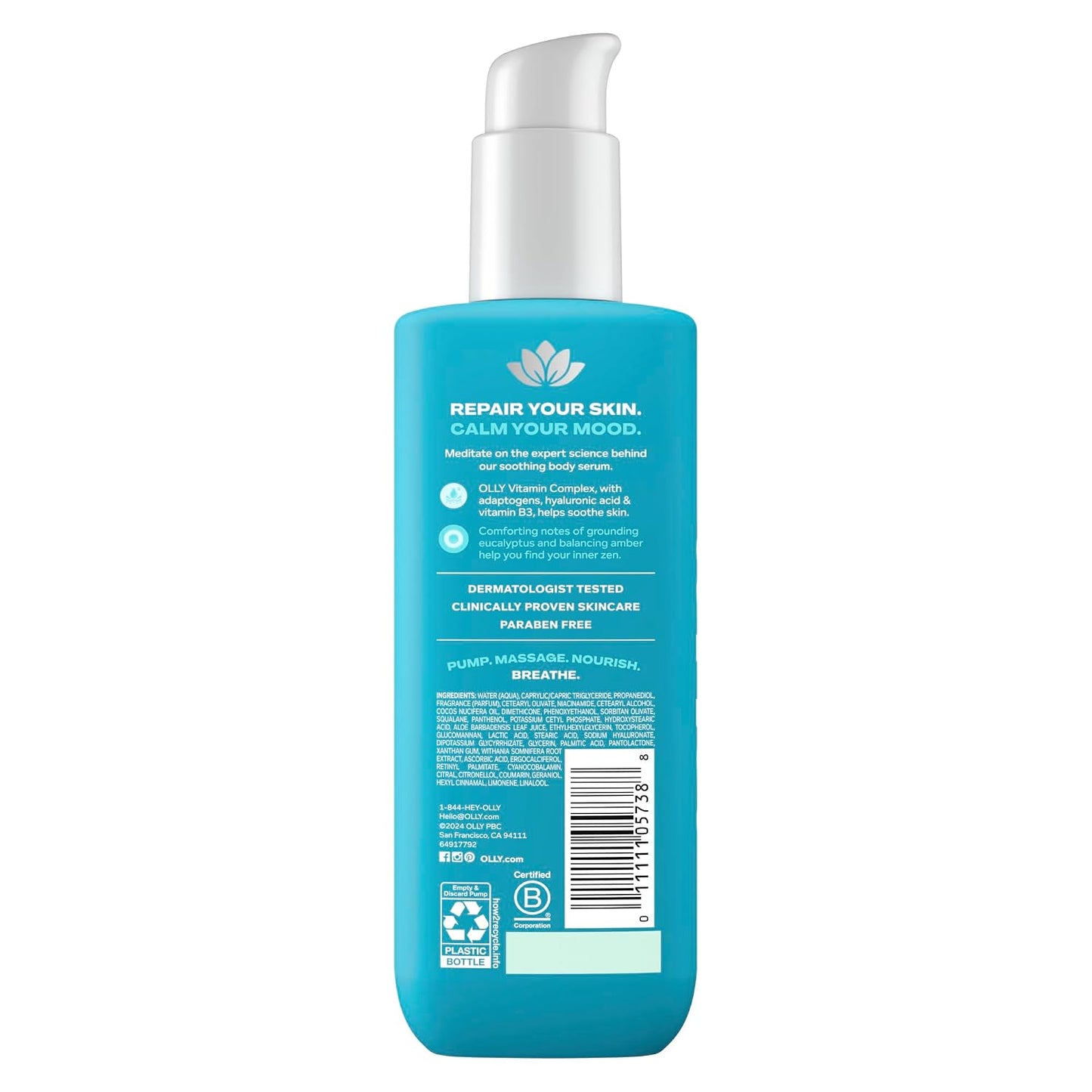 OLLY Calm Body Lotion-Serum with Hyaluronic Acid, Adaptogens & Vitamin B3– Nourishing Cleanser for Skin Barrier Repair, Deep Hydration, Eucalyptus Amber Scent, 8oz