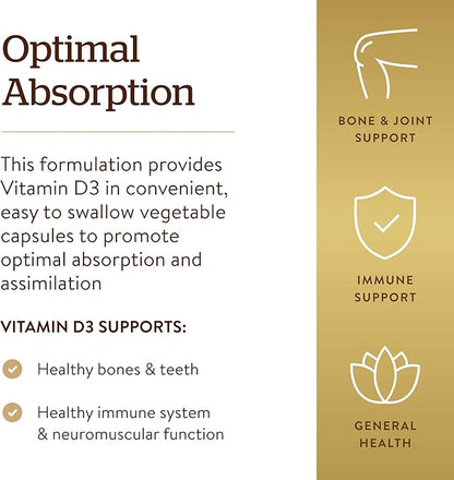 Solgar Vitamin D3 (Cholecalciferol) 125 Mcg (5000 IU), 120 Vegetable Capsules - Helps Maintain Healthy Bones & Teeth - Immune System Support - Non-GMO, Gluten Free, Dairy Free, Kosher - 120 Servings