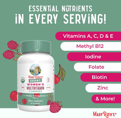 MARYRUTH'S Multivitamin Gummies for Women Ages 14+ | Immune Support | Hair & Skin Health | Reproductive Health | Vitamin A C D E B6 B12 Biotin Zinc Iodine | Organic | Vegan | Non-GMO | 60 Count