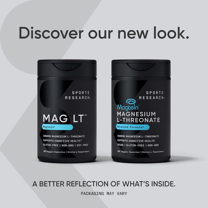 Sports Research® Magnesium L-Threonate 2000mg w/Magtein®, 90 Count | 2000mg/144mg Elemental Mag per Serving - Brain & Sleep Support - Vegan, Non-GMO, Gluten-Free