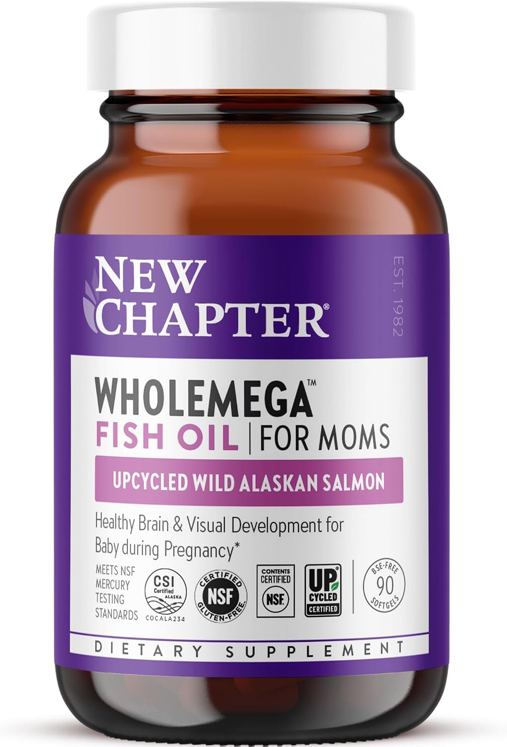 New Chapter Wholemega for Moms Fish Oil Supplement, Tiny Capsules, 2000mg per Serving, Prenatal DHA with Omega-3 + Vitamin D3 for Prenatal & Postnatal Support, 500mg Each - 90 Count