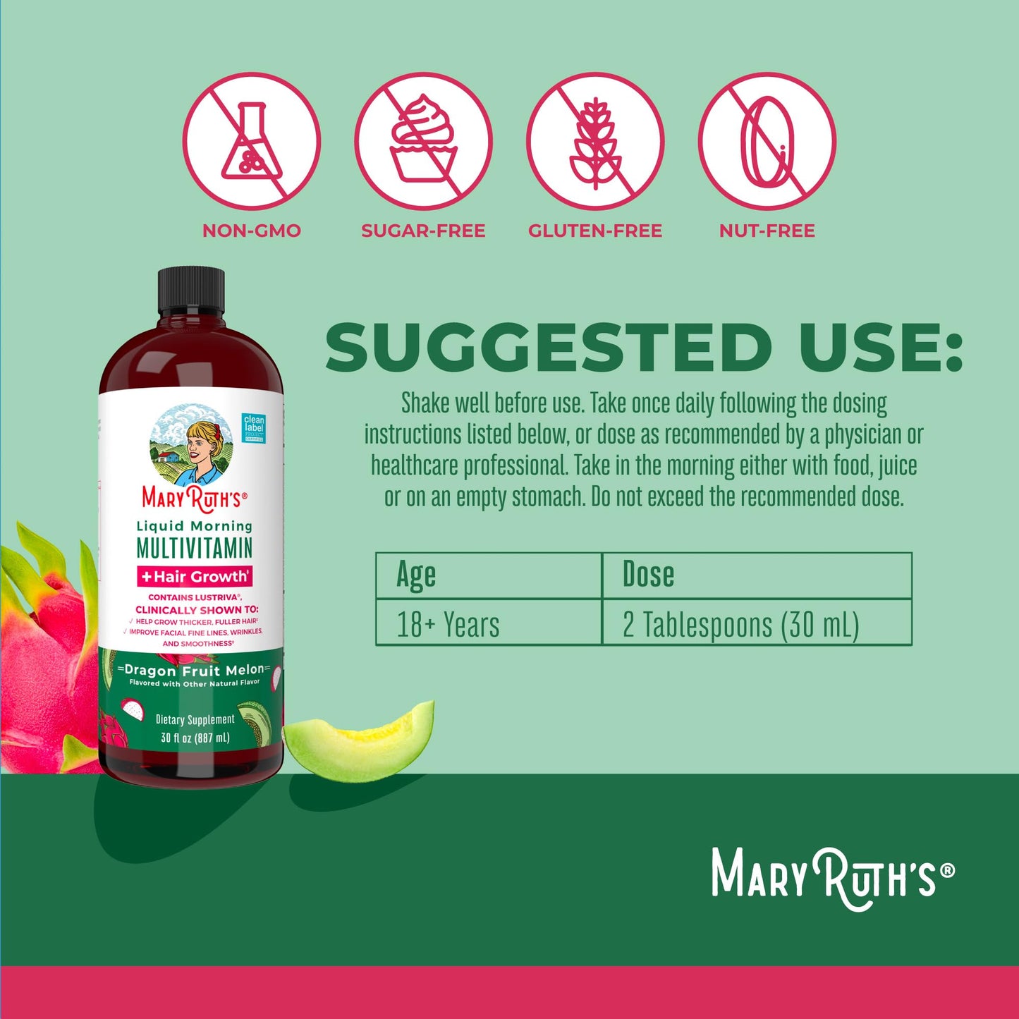 MARYRUTH'S Liquid Multivitamin+Hair Growth | Biotin 10000mcg | Lustriva Hair Growth Supplement | Clinically Tested in Women for Thicker Hair&Facial Wrinkle | Skin Care | Ages 18+