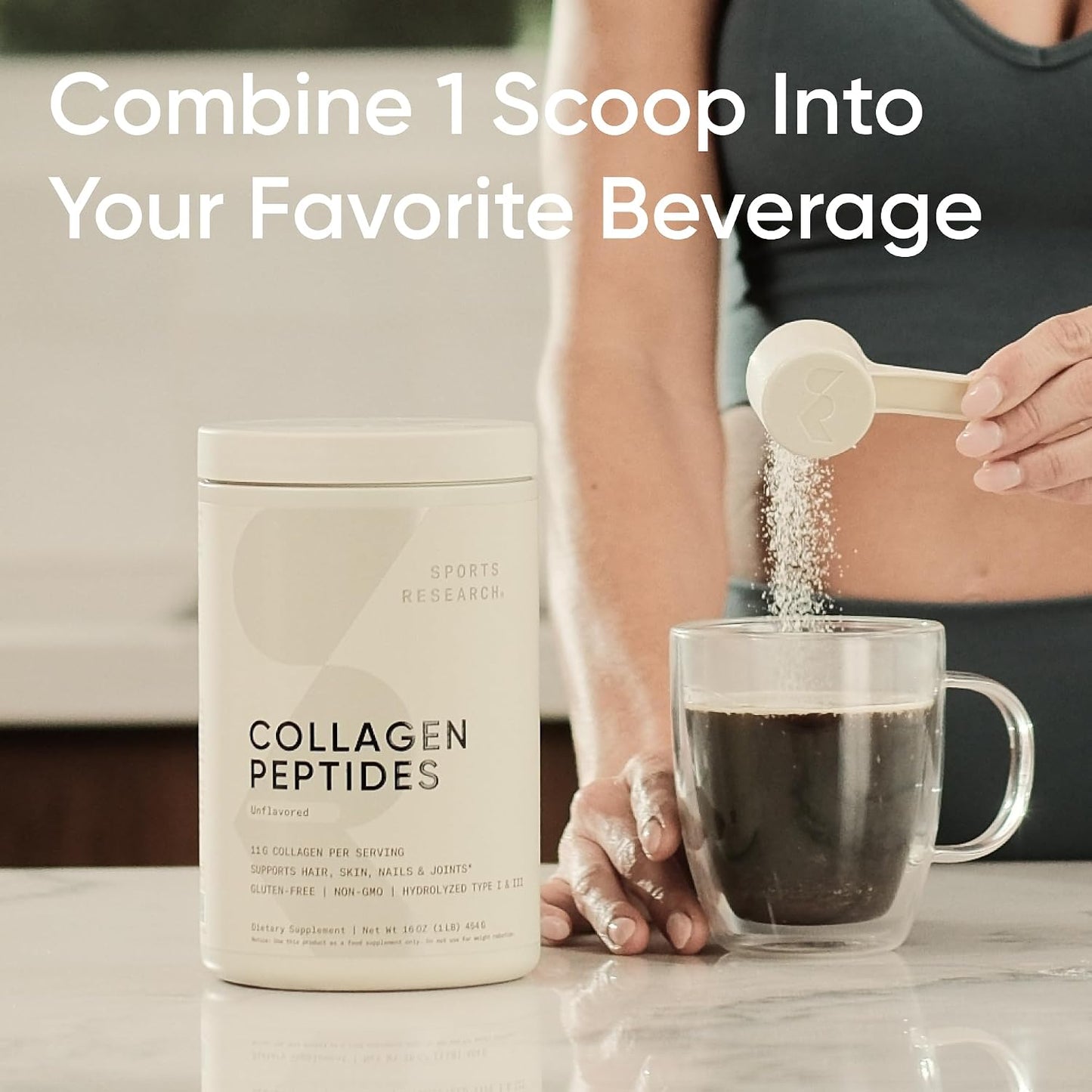 Sports Research® Collagen Peptides Protein Powder 16oz (Unflavored) | 11g Grass-Fed Collagen per Scoop · Hair, Skin & Joint Support · Easy to Mix in Coffee & Shakes - 41 Servings