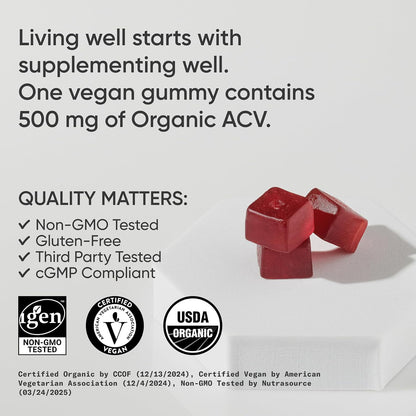Sports Research® Organic Apple Cider Vinegar Sugar-Free Gummies, 60 Count | ACV 500mg For Diet Cleanses & Digestion | Non-GMO, Certified Vegan, Gluten Free