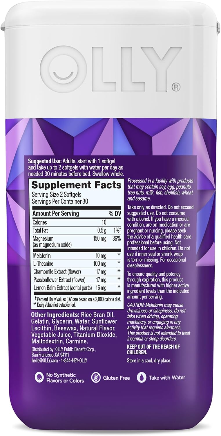OLLY Ultra Strength Sleep Softgels for Adults, 10 mg Melatonin Sleep Supplement L-Theanine Magnesium & Botanical Extracts, Restful Sleep Support*, Sugar Free, 60 Count