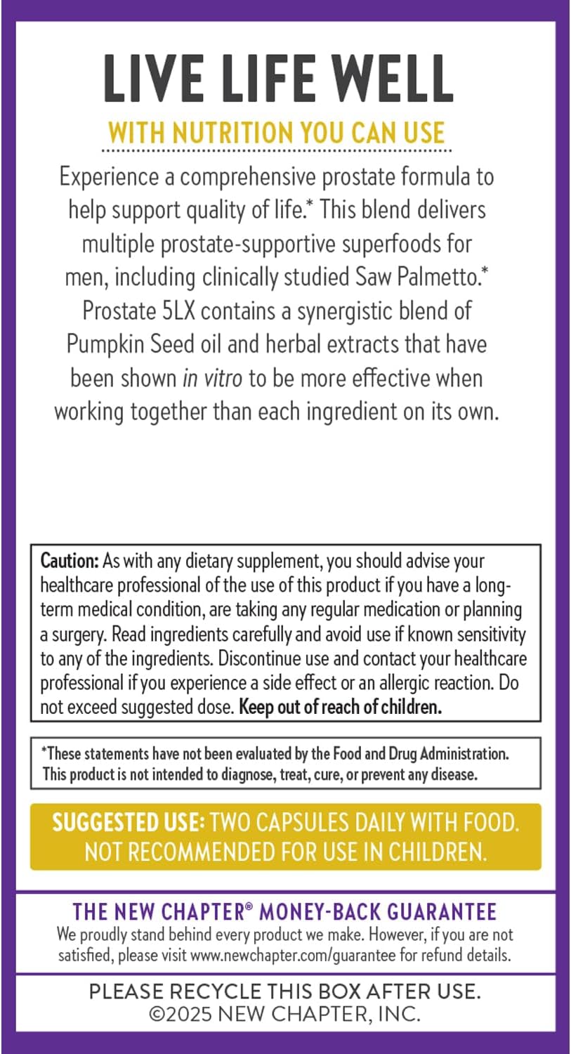New Chapter Prostate Supplement - Prostate 5LX with Clinical Strength Saw Palmetto + Fermented Selenium for Men’s Wellness - 60 ct Vegetarian Capsule
