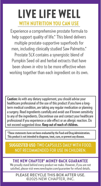 New Chapter Prostate Supplement - Prostate 5LX with Clinical Strength Saw Palmetto + Fermented Selenium for Men’s Wellness - 60 ct Vegetarian Capsule